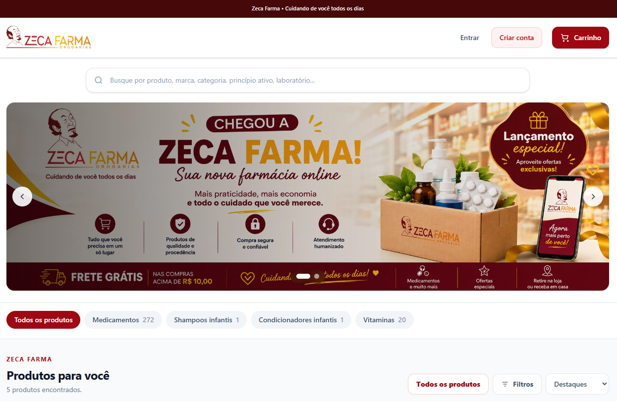 Página inicial da loja virtual Zeca Farma
